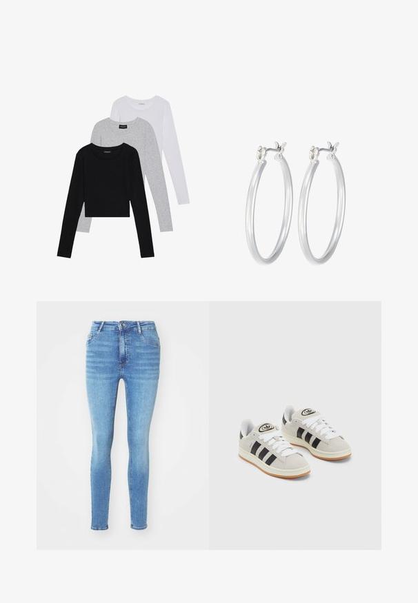 Trijų ilgomis rankovėmis marškinėlių krūva: juodas, pilkas ir baltas. Kiekvienas turi apvalų iškirpimą ir trumpą dizainą, pagamintas iš lygaus, lengvo audinio.; Lieknos džinsai šviesiai mėlyno džinsinio audinio, su penkiomis kišenėmis, diržo kilpos ir priekiniais užtrauktuku su mygtuko uždarymu; lygus paviršius ir nublukęs raštas.; Grynos zomšos sneakeriai su baltais raišteliais, juodomis juostelėmis ir balta gumine sole. Turintys apskritą logotipą ant liežuvėlio ir guminę sole.; Sidabriniai auskarai su sklandžiu, poliruotu paviršiumi. Apvalios formos ir saugus uždarymo mechanizmas. Lengvas dizainas, tinkantis kasdieniam dėvėjimui.