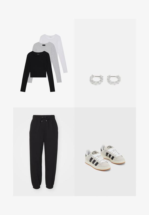 Tre langærmede toppe stablet: sort, grå og hvid. Hver har en rund halsudskæring og et cropped design med glat, let stof.; GAP BAGGY - Træningsbukser - true black; Grå ruskinds sneakers med hvide snørebånd, sorte striber og en hvid gummisål. Har et rundt logo på tungen og en gummisål.; Sølv hoop øreringe med klare, rektangulære og triangulære krystaller arrangeret i et mønstret design. Stik til sikker fastgørelse.