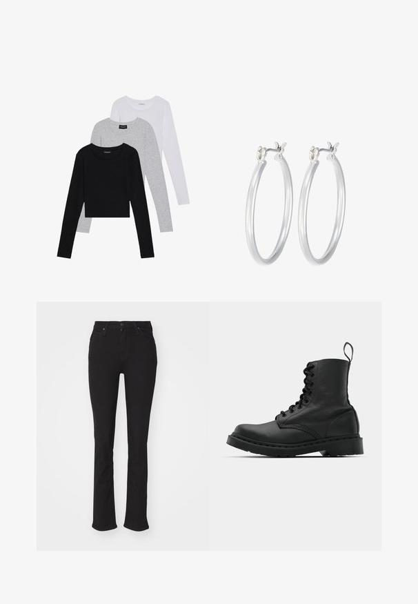 Tri dolga rokava zložena: črna, siva in bela. Vsaka ima okroglo izreznico in skrajšan dizajn z gladkim, lahkotnim materialom.; Črne denimske hlače s slim fit krojem, visokim pasom in razširjenimi nogami. Imajo zaponko na gumbu ter sprednje in zadnje žepe. Gladka tekstura.; Črne usnjene vojaške škornje s okroglo konico, z vezalkami spredaj in z zanko na gležnju. Imajo debele gumijaste podplate za dolgo življenjsko dobo.; Srebrni obroči za ušesa z gladko, polirano površino. Okrogla oblika in varna zaponka s klikom. Lahka zasnova, primerna za vsakodnevno nošenje.