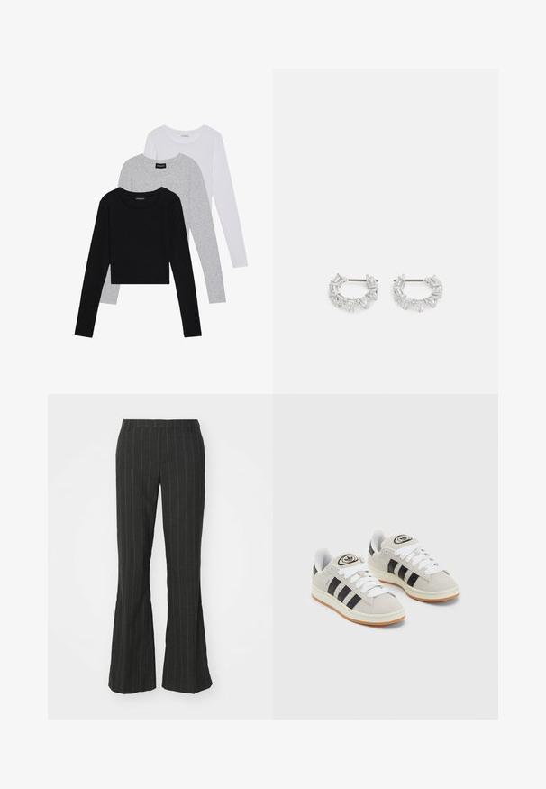 Tričko s dlhým rukávom v troch farbách: čiernej, sivej a bielej. Každé má okrúhly výstrih a skrátený strih vyrobený z hladkej, ľahkej tkaniny.; Čierne rozšírené nohavice s bielymi vertikálnymi pruhmi, s vybaveným pásom a hladkým, štruktúrovaným materiálom.; Sivé semišové tenisky s bielymi šnúrkami, čiernymi pruhmi a bielou gumovou podrážkou. Obsahujú okrúhly logo na jazyku a gumenú podrážku.; Strieborné kruhové náušnice so štvorcovými a trojuholníkovými priehľadnými kryštálmi usporiadanými do kruhového vzoru, s centrálnym kolíkom na zapínanie.