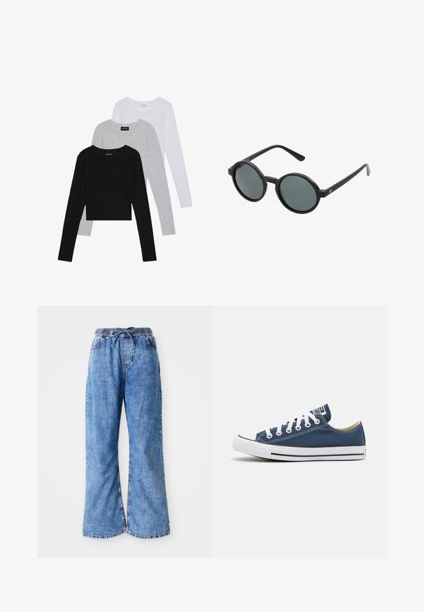 Kolm pikkade varrukatega toppi, mis on üksteise peale asetatud: must, hall ja valge. Igal ühel on ümar kaelus ja lühike disain, valmistatud siledast, kergekaalulisest kangast.; Heledsinine denimist laiade jalgadega püksid, millel on elastne vöökoht ja pael. Omab topeltõmblustega õmblusi ja tooreid servi. Taskud pole nähtavad.; Tumesinised kanvasjalatsid valge silmade ja paeltega, millel on valge kummist varbakiirus ja must triibuline jooneäär. ; Ümmargused prillid musta plastraamiga ja tumedate hallide läätsedega. Omavad õhukesi, sirgeid piire minimalistlike aktsentidega.