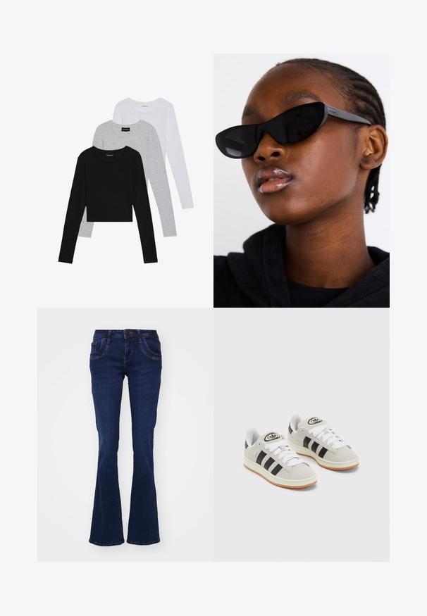 Trīs garām piedurknēm veidotas augšdaļas, sakrautās: melna, pelēka un balta. Katram ir noapaļots kakla izgriezums un īsa dizaina forma ar gludu, vieglu audumu.; Tumši zilie izsistie džinsi, izgatavoti no denima. Iespējas: piecas kabatas, priekšējā rāvējslēdzēja aizdare un šuvju izšuvumi gar šuvēm.; Pelēkas zamšādas kedas ar baltām saites, melnām svītrām un baltu gumijas zoli. Raksturīga apļa logo uz mēles un gumijas zole.; Melnas kaķa acs saulesbrilles ar matētu apdari, kas izceļas ar elegantu dizainu un maigi izliektiem stūriem, fona attēlā ir modelis ar tumšām drēbēm.; Sudraba riņķveida auss gredzeni ar gludu, pulētu apdari. Apaļa forma un drošs klikšķa augšējais slēgums. Viegls dizains, kas piemērots ikdienas valkāšanai.