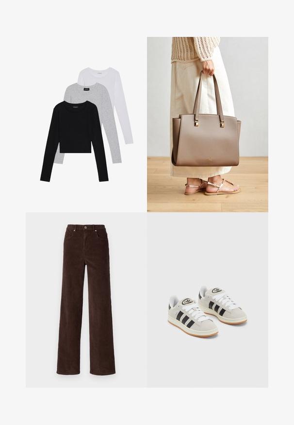 Kolm pikkade varrukatega toppi, mis on üksteise peale asetatud: must, hall ja valge. Igal ühel on ümar kaelus ja lühike disain, valmistatud siledast, kergekaalulisest kangast.; Vero Moda VMTESSA WIDE PANTS - Püksid - chocolate torte; Hallid hallid nahkrennid valgete paeltega, mustade triipudega ja valge kummitaldiga. Omab ümmargust logo keeles ja kummitalda.; Pruun sünteetiline kott kahe pika käepideme, neljakandiliste metallaktsentide ja peene logoga. Kandmiseks kerge kreemika seelikuga ja sandalettega.