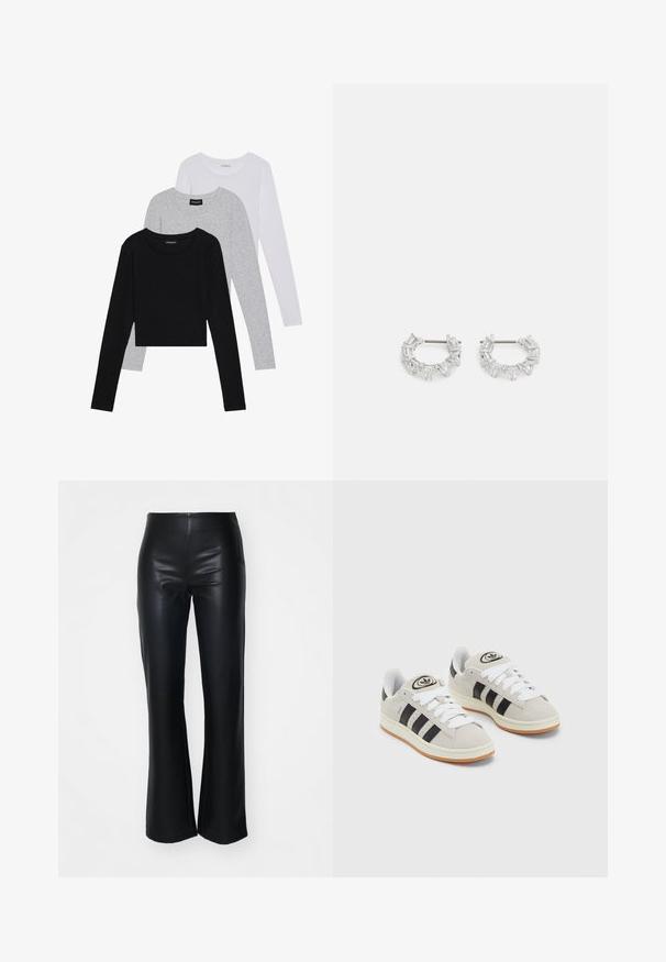 Drie langmouwige tops gestapeld: zwart, grijs en wit. Elke top heeft een ronde halslijn en een cropped ontwerp van soepel, lichtgewicht materiaal.; Zwarte neplederen flared pants met een gladde textuur, voorzien van een aansluitende taille en licht uitlopende benen, ontworpen voor een strakke silhouet.; Grijze nubucklederen sneakers met witte veters, zwarte strepen en een witte rubberen zool. Bevat een rond logo op de tong en een gumzool.; Zilveren hoepeloorbellen met rechthoekige en driehoekige heldere kristallen, gerangschikt in een cirkelvormig patroon met een centrale post voor het bevestigen.