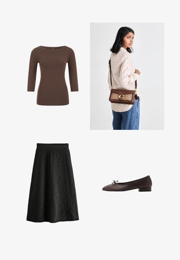 Ruskea pitkähihaine paita pyöreällä kaula-aukkolla, valmistettu pehmeästä materiaalista. Ominaisuuksiin kuuluu tiukka muotoilu ja sileä pinta.; Mustat neulehame, jossa on levenevä muotoilu, teksturoitu kangas, polvipituus ja joustava vyötärö. Ei taskuja tai koristelua.; Ruske kožne balerinke s zaobljenim vrhom i malim blok petom. Imaju tanke mašne sprijeda i suptilne šavove.; Ruskea nahkalaukku, jossa on kuvioitu vaalea paneeli, kultaiset metalliosat ja irrotettava olkahihna. Laukku on asetettu kulmaan vaaleaa taustaa vasten.