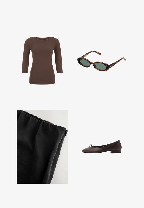 Top marrón de mangas largas con un cuello redondeado, hecho de material suave. Presenta un diseño ajustado y una textura lisa.; Tela negra con una textura suave, cinturilla elástica y cierre con cremallera. El material parece ligero y ligeramente translúcido.; Bailarinas de cuero marrón con puntera redondeada y pequeño tacón bloque. Presentan un lazo delgado en la parte delantera y detalles de costura sutiles.; Gafas de sol de carey con montura ovalada y lentes verdes. Presentan brazos delgados con un detalle metálico cerca de las bisagras.