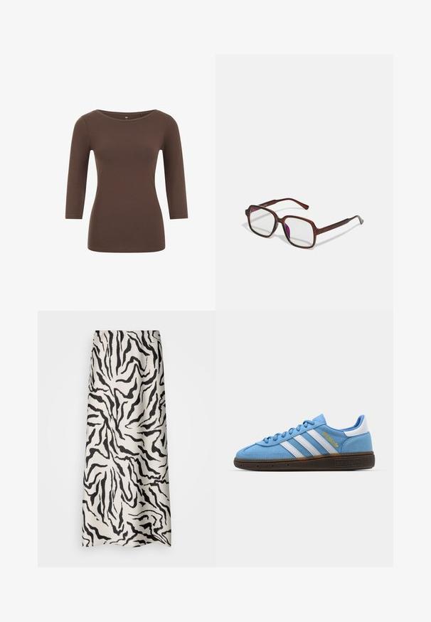 Barna, hosszú ujjú felső kerek nyakkivágással, puha anyagból készült. Fitt fazonú és sima textúrájú.; Krém színű maxi szoknya fekete tigriscsíkos mintával. Sima textúrájú, rugalmas derékkal, teljes hosszúságú kialakítással.; Világoskék velúr sneaker, fehér bőr csíkkal, barna texturált talppal és arany logó részlettel. Alacsony szárú dizájn, kerek orral.; Barna, téglalap alakú szemüveg áttetsző lencsékkel és lila árnyalattal. Simító műanyag keret, egyenes szárakkal és diszkrét díszítésekkel.