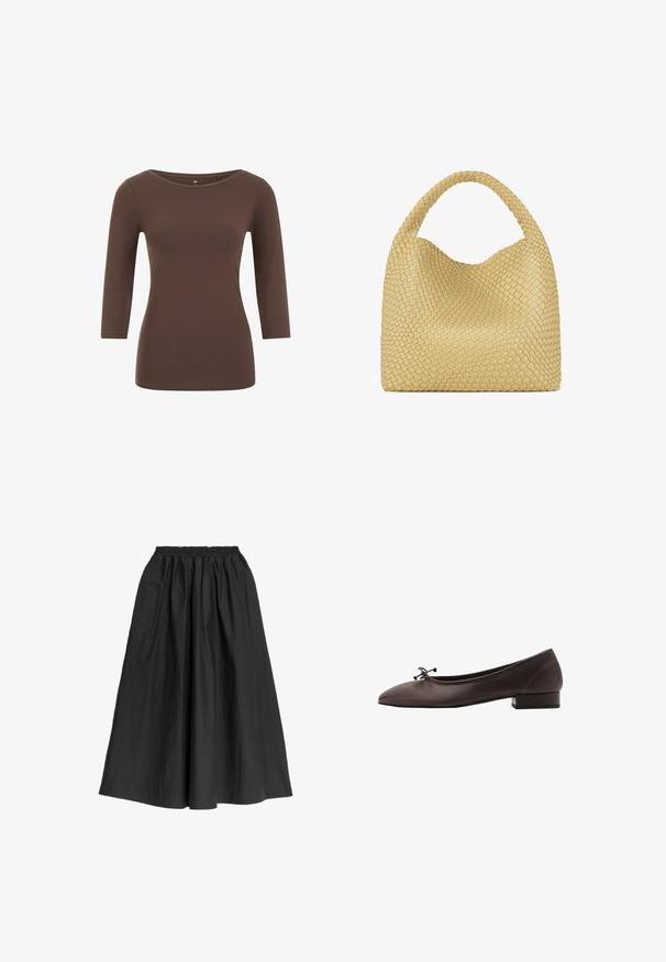 Bruine langemouwen top met een ronde hals, gemaakt van zacht materiaal. Beschikt over een getailleerd ontwerp en een gladde textuur.; Zwarte enkelgrote rok van lichtgewicht stof. Heeft een elastische tailleband en een volle, vloeiende uitstraling met een subtiele textuur.; Bruine leren balletschoen met een ronde neus en een kleine blokhak. Kenmerkt zich door een dunne strik aan de voorkant en subtiele stikdetails.; Geweven gele handtas met een gebogen handvat aan de bovenkant en een ongestructureerde vorm. Het gestructureerde oppervlak heeft een kruissteekpatroon over de hele tas.