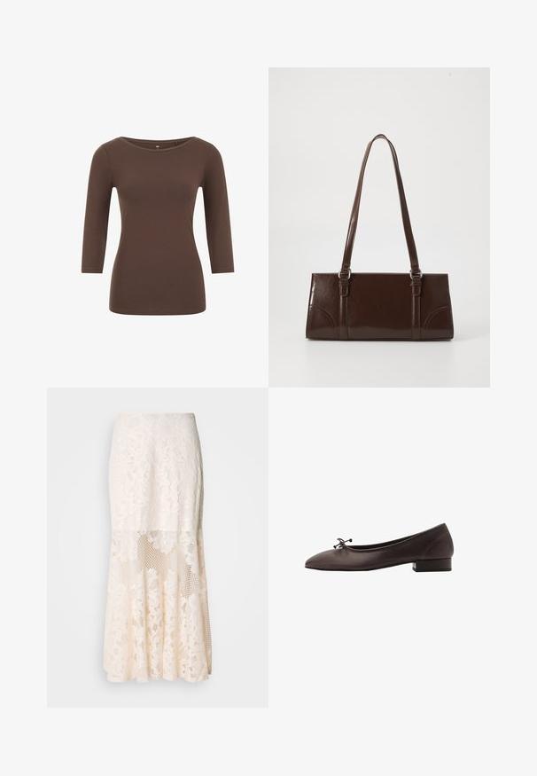 Top marron à manches longues avec un col rond, fabriqué dans un matériau doux. Présente un design ajusté et une texture lisse.; Jupe midi en dentelle florale couleur crème ; elle présente un design superposé avec des sections transparentes, de la dentelle texturée, et un ourlet évasé.; Ballerines en cuir brun avec un bout rond et un petit talon carré. Présentent un fin nœud à l'avant et des détails de couture subtils.; Sac à main en cuir verni marron de forme rectangulaire, avec deux longues poignées et des accents courbés subtils à l'avant.