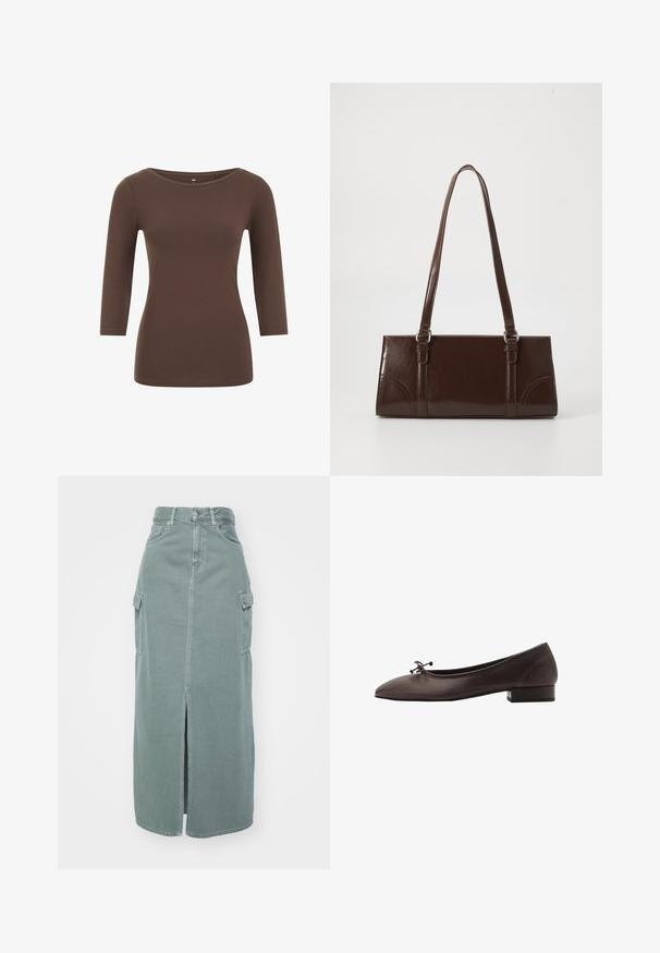 Hnedý dlhý rukáv top s okrúhlym výstrihom, vyrobený z mäkkého materiálu. Má priliehajúci dizajn a hladkú textúru.; Khaki zelená denim midi sukňa s predným rozparkom, vysokým pásom a bočnými cargo vreckami. Vyznačuje sa ležérnym, voľným strihom a jemnou textúrou.; Hnedé kožené baletky s zaoblenou špičkou a malým blokovým podpätkom. Obsahujú tenkú mašľu vpredu a jemné švy.; Hnedá lakovaná kožená kabelka s obdĺžnikovým tvarom, dvoma dlhými rúčkami a jemne zakrivenými akcentami na prednej strane.