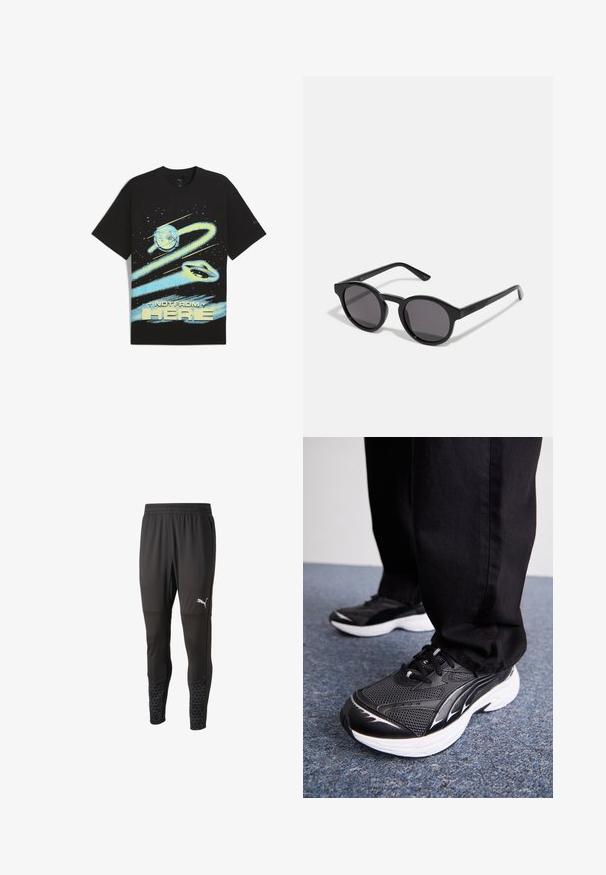 T-shirt en coton noir avec un design graphique représentant des planètes et un texte "PAS DE CHEZ NOUS" en bleu clair et jaune. Manches courtes.; Pantalons de sport noirs avec un haut texturé, une coupe ajustée et des poignets inférieurs à motifs. Dotés d'une taille élastique et de poches latérales.; Chaussures de sport noires avec un tissu en maille, semelle blanche et accents noirs. La semelle est texturée. Portées avec un pantalon noir sur une surface en moquette bleue.; Lunettes de soleil noires avec une monture ronde légèrement ondulée, verres foncés et branches noires droites. Fini lisse et brillant sans motifs visibles.