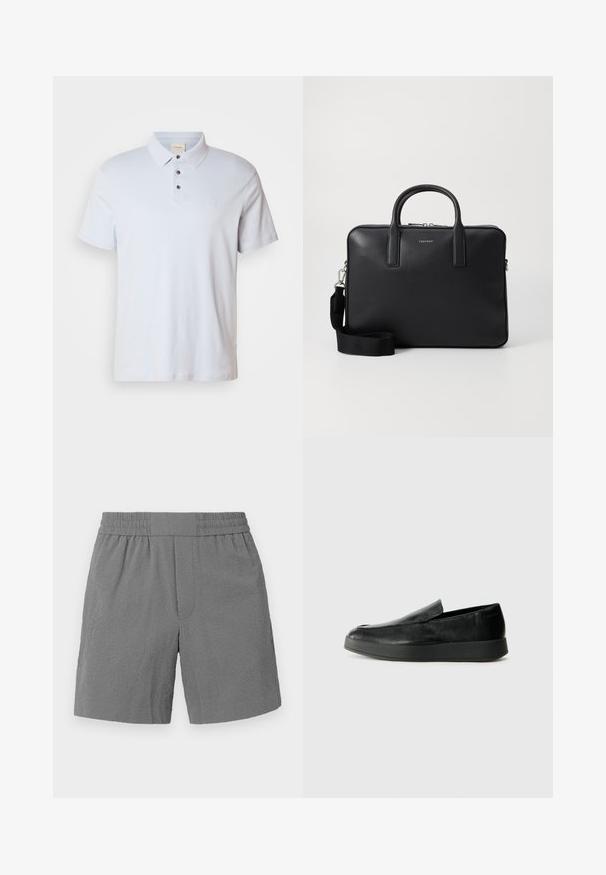 Svetlo modra polo majica iz bombaža, s tremi gumbi na zanki, z zavihanjem ovratnikom, kratkimi rokavi in majhnim logotipom na prsih.; Sive kratke hlače z elastičnim pasom, teksturirano blago in ravnim krojem. Imajo dva stranska žepa in subtilen, pisan vzorec.; Calvin Klein HYBRID CUP - Čevlji brez vezalk - triple black; Črna usnjena torba za delo z teksturiranim zaključkom, dvojni ročaji, snemljiva ramenska naramnica in sprednja podrobnost z logotipom. Zapenjanje na zadrgo.