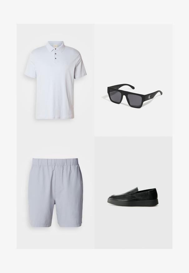 Šviesiai mėlynas medvilninis polo marškinėliai su trimis mygtukais, sulankstomu apykakle, trumpomis rankovėmis ir mažu logotipu krūtinėje.; Šviesiai pilki maudymosi šortai su elastinga juosmena, dviem šoninėmis kišenėmis ir lygia, lengva medžiaga. Nėra matomų raštų ar papuošimų.; Calvin Klein HYBRID CUP - Įmautiniai batai - triple black; Juoda kvadratinė saulės akiniai su matinio paviršiumi ir pilkais lęšiais. Yra sidabrinė logotipas ant šventyklos. Patvari plastikinė rėmo konstrukcija.