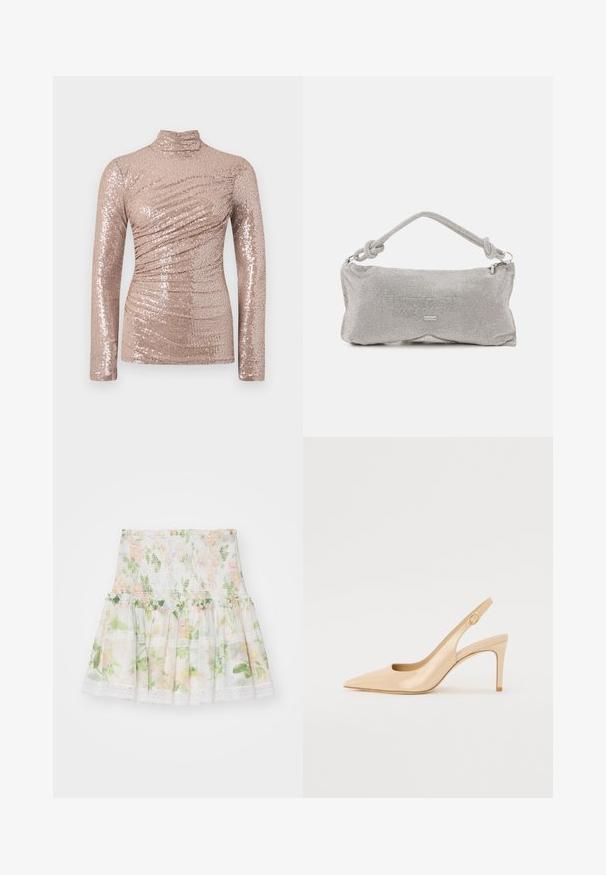 Dlouhý rukáv v světle růžové barvě, s vysokým límcem a drapovaným designem, zdobený lesklými flitry, které vytvářejí textura a odrazivý povrch.; Sukně s květinovým potiskem vyrobená z lehkého materiálu. Má smockovaný pas, volánkový lem a krajkové detaily. Barvy zahrnují růžovou, zelenou a bílou.; Nude lakované kožené lodičky na podpatku s špičatou špičkou, otevřeným vřetenem a tenkým jehlovým podpatkem. Obsahuje kulatý zlatý detail na pásku.; Stříbrná metalická síťová taška přes rameno s uzlem na rukojeti, zipem na zavírání a geometrickým tvarem s hladkým povrchem.