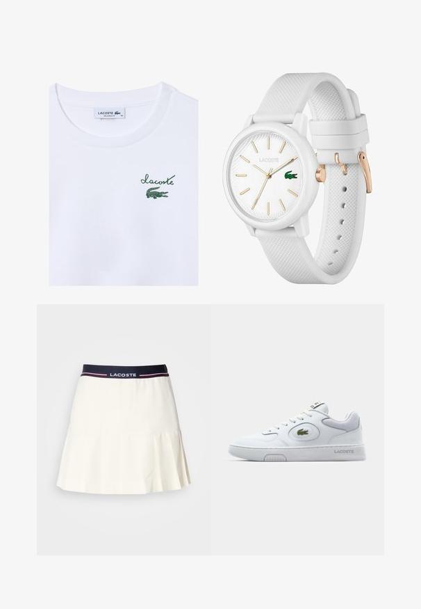 T-shirt bianco in cotone con fitting morbido; presenta il logo verde "Lacoste" e una grafica di coccodrillo nella zona sinistra del petto.; Gonna plissettata bianca con una vita blu navy, caratterizzata dal logo Lacoste e dettagli rossi. Realizzata in un materiale liscio e morbido.; Sneaker bianco con tomaia in materiale sintetico, punta rotonda e accenti perforati. Presenta un logo ricamato verde, lacci piatti e suola testurizzata.; Orologio in silicone bianco con cinturino testurizzato, caratterizzato da un quadrante rotondo, indicatori dorati e il logo Lacoste in verde.
