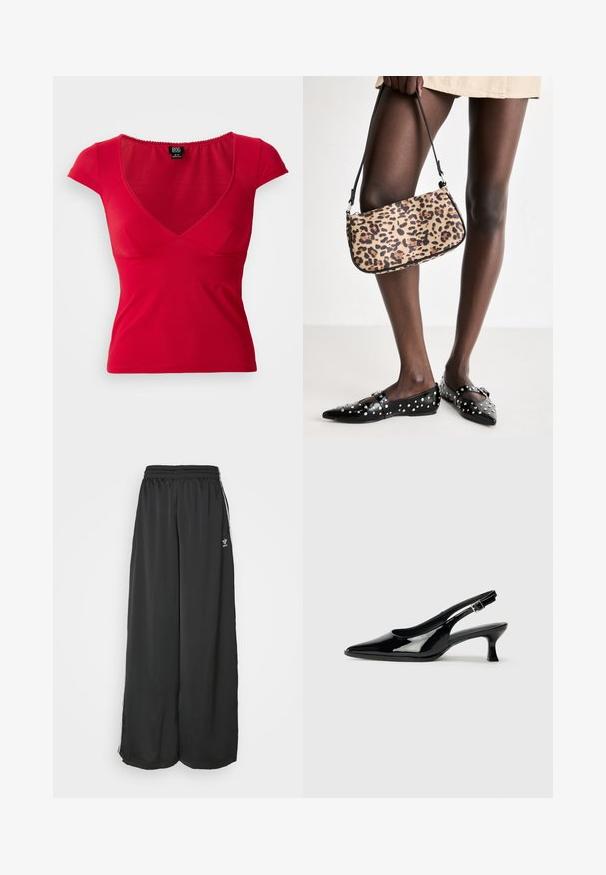 Rdeča prilegajoča ženska majica s kratkimi rokavi z globokim V-izrezom in rahlim nabiranjem pod prsmi na enobarvni podlagi.; Črne proste trenirke iz gladkega materiala. Imajo elastičen pas in stranske črte z logotipom.; Črne lakirane slingback čevlje s koničastim nosom in nizko blok peto. Nastavljiv trak s sponko okrog gležnja.; Torba z leopardjim vzorcem in črnim trakom, ki ima pravokotno obliko in gladko teksturo. Torba je postavljena ob črne balerinke s studenci.
