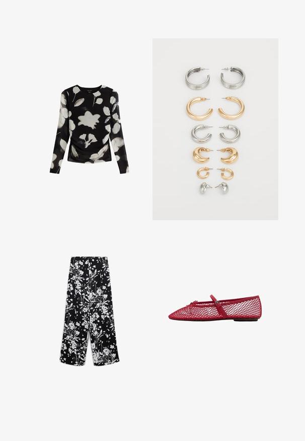 Haut noir à manches longues avec imprimé floral blanc, présentant un détail froncé sur le côté, un col rond et un tissu lisse et léger.; Pantalon en tissu noir avec un motif floral blanc, coupe large, texture lisse et taille haute.; Ballerines en maille rouge avec un bout pointu, dotées d'une fine bride et d'un détail à boucle. La tige présente un motif ouvert en nid d'abeille.; Ensemble de huit boucles d'oreilles en métal aux teintes argentées et dorées. Comprend différents styles de créoles, textures et fins, classés par taille.