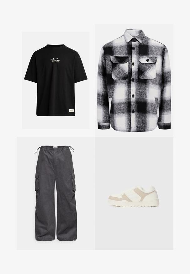 T-shirt preto de mangas curtas feito de algodão. Apresenta um pequeno logótipo branco no peito e uma etiqueta retangular no canto inferior direito.; Camisa de flanela xadrez em preto e branco, com dois bolsos frontais, fechos de botão e uma textura suave. Padrão xadrez clássico.; Calças cargo cinzas com um tecido texturizado, cintura elástica, cordão e detalhes de bolsos laterais. Corte solto com pernas largas.; Sapatilha branca e bege com uma combinação de texturas suaves e em camurça, bico redondo, fecho de cordões e sola plana em borracha.
