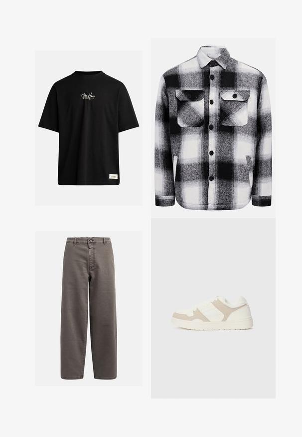 Camiseta negra de manga corta hecha de algodón. Presenta un pequeño logo blanco en el pecho y una etiqueta rectangular en la esquina inferior derecha.; Camisa de franela a cuadros en blanco y negro, con dos bolsillos frontales, botones y una textura suave. Patrón de cuadros clásico.; Pantalones de pierna ancha en gris, confeccionados en una mezcla de algodón; cuenta con cierre de botón, pasadores para cinturón y bolsillos frontales; textura suave y duradera.; Zapatilla blanca y beige que combina texturas lisas y de ante, puntera redonda, cierre de cordones y suela de goma plana.