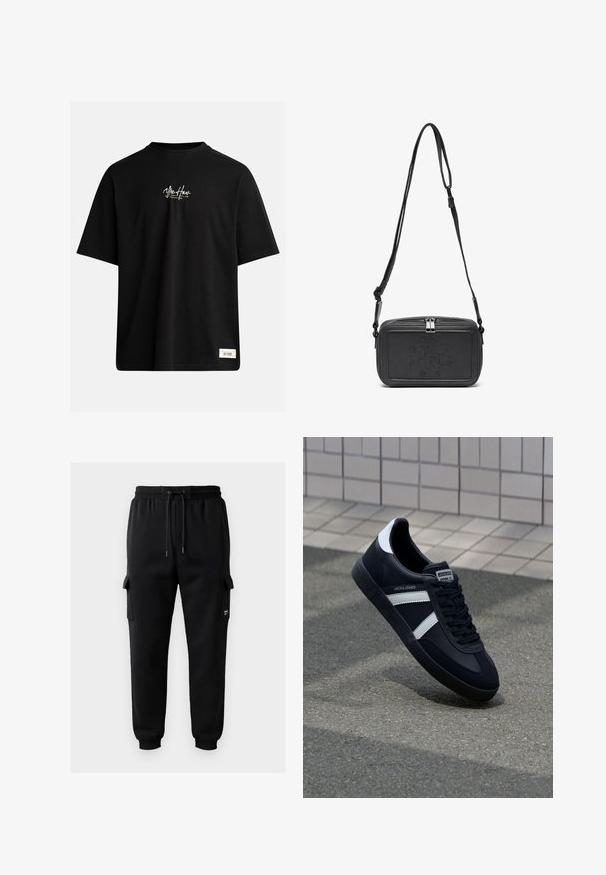 Fekete, rövid ujjú póló, amely 100% pamutból készült. A mellkason egy kis fehér logó található, és a jobb alsó részen egy téglalap alakú címke van.; Fekete cargo nadrág, puha anyagból készült, rugalmas derékkal és húzózsinórral, oldalsó zsebekkel és bordázott mandzsettával.; Fekete bőr sportcipő fehér csíkokkal, textúrált gumitalppal és fűzős elejével. A nyelvén márkás címke található.; Fekete bőrből készült keresztbe hordható táska cipzáras záródással, dombornyomott logóval az elején és állítható pánttal. Simább textúrájú, téglalap alakú.