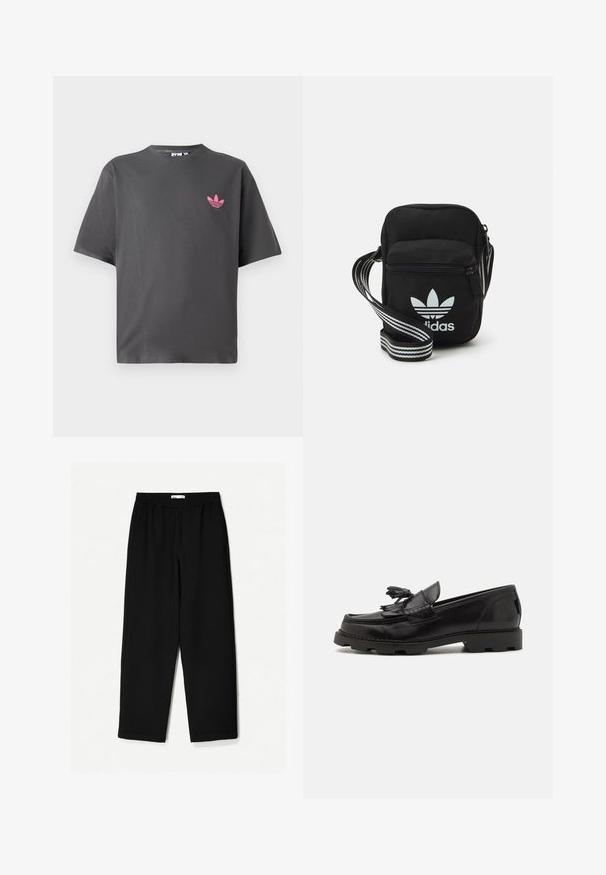 Dark gray short-sleeve T-shirt with a small pink Adidas trefoil logo on the left chest, displayed against a white background.; Black, wide-leg pants made from a lightweight fabric. Features an elastic waistband and a smooth texture. No visible patterns or hardware.; Black leather loafer with a moccasin design, featuring a decorative fringe and tassel, textured surface, and chunky rubber sole.; Black fabric crossbody bag with a zipper closure, featuring a white Adidas logo and a striped adjustable strap for easy carrying.