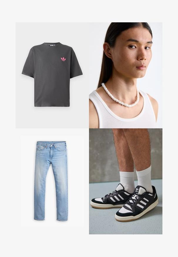 Temno siva kratka majica s kratkimi rokavi z majhnim roza Adidasovim tristranim logotipom na levem prsnem delu, prikazana na beli podlagi.; Svetlo modri kavbojke s ravnim krojem, pet žepov in gumbom za zapenjanje. Imajo subtilno zbledelost in oranžne niti.; Črno-bele superge z zgornjim delom iz usnja in nubuka, ki imajo tri bele črte, perforiran vrh prstov in podplat iz gume.; Bela ogrlica iz školjki, sastavljena od nepravilnih oblika, nošena preko pripijenog bijelog topa. S smooth teksturom i suptilnim sjajem, blisko prilagođenog dizajna.