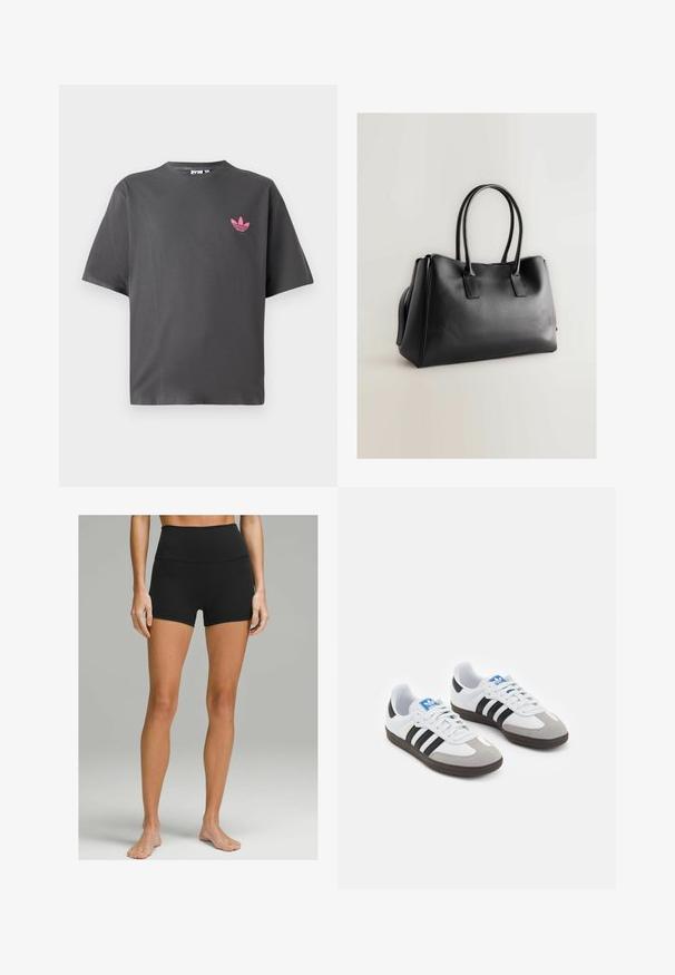 Tmavo šedé tričko s krátkym rukávom a malým ružovým logom Adidas trefoil na ľavej hrudi, vystavené na bielom pozadí.; Čierne vysoké šortky z elastického materiálu, so hladkou textúrou, priliehavým strihom a dĺžkou po stred stehna. Bez viditeľných akcentov.; Športové topánky s bielym koženým zvrškom, šedou semišovou špičkou a tromi čiernymi pruhmi. Obsahujú modré logo na jazyku a štruktúrovanú gumovú podrážku.; Čierna taška z umelej kože s dvojitými dlhými popruhmi, štruktúrovaným tvarom, hladkým povrchom a minimalistickým dizajnom. Žiadne viditeľné kovanie ani akcenty.
