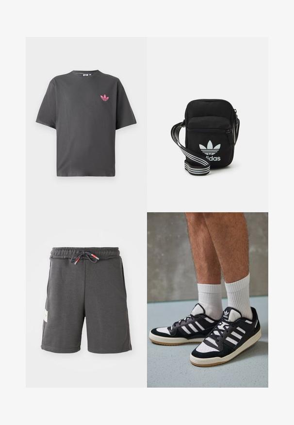 Tumši pelēks īsām piedurknēm T-krekls ar mazu rozā Adidas trefoil logotipu uz kreisā krūšuņa, attēlots uz balta fona.; Pelēki sporta šorti ar elastīgu jostasvietu un auklu. Iespējas sānu kabatas un auduma birka kreisajā pusē. Viegls materiāls.; Melnas un baltas kedas ar zamša un ādas augšdaļu, kas aprīkotas ar trim baltām svītrām, perforētu purngali un gumijas zolēm.; Melna auduma crossbody soma ar rāvējslēdzēja aizdari, kurai ir balts Adidas logo un svītrainas regulējamas siksnas ērtiem pārvietošanās veidiem.