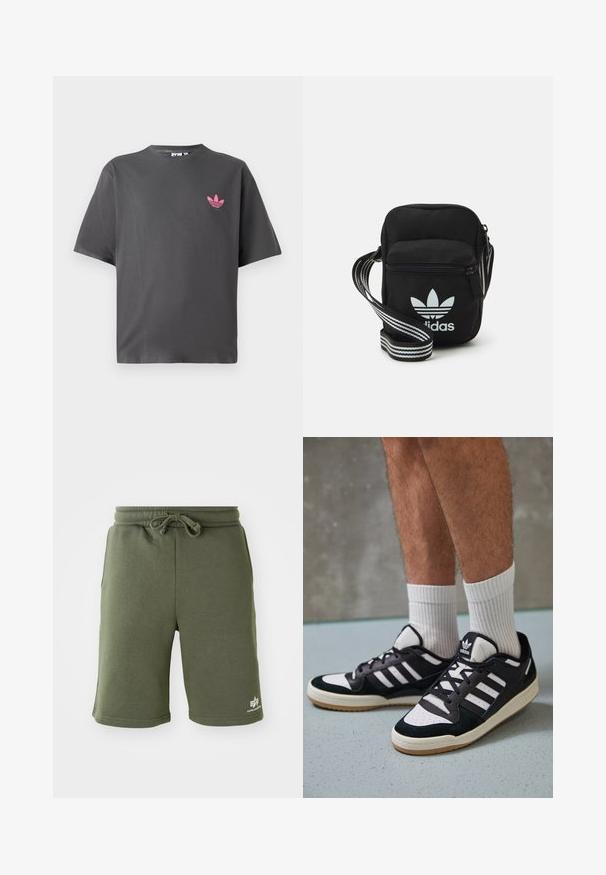 Mørkegrå t-skjorte med korte ermer og en liten rosa Adidas trefoil-logo på venstre bryst, vist mot en hvit bakgrunn.; Olivengrønne shorts lavet af blødt stof, med en snøre i taljen, sidelommer og et trykt logo på nederste højre side.; Sorte og hvite sneakers med overdel i semsket skinn og lær, med tre hvite striper, perforert tå og en såle av gummi.; Svart stoff crossbody veske med glidelås, med en hvit Adidas-logo og enstripet justerbar stropp for enkel bæring.
