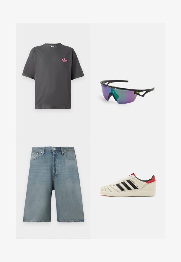 Tamsiai pilka trumpomis rankovėmis marškinėliai su mažuoju rožiniu Adidas trefoil logotipu kairiajame krūtinės kampe, pateikti prieš baltą foną.; Šviesiai mėlyni džinsiniai šortai, pasižymintys laisvu kirpimu, penkiomis kišenėmis ir tradiciniu mygtukų uždarymu, su apsitrynusiais dėmėmis, kad atrodytų dėvėti.; Kremo spalvos odiniai sportbačiai su juodomis juostelėmis, raudonais kulno akcentais ir tekstūruotais detalėmis. Yra gumatė padas ir raištelių uždarymas.; Sportiniai saulės akiniai su juodu rėmu, dideliais gradientiniais objektyvais, turinčiais purpurinių ir žalių atspalvių, bei kampuotais dizaino akcentais su logotipo detale.