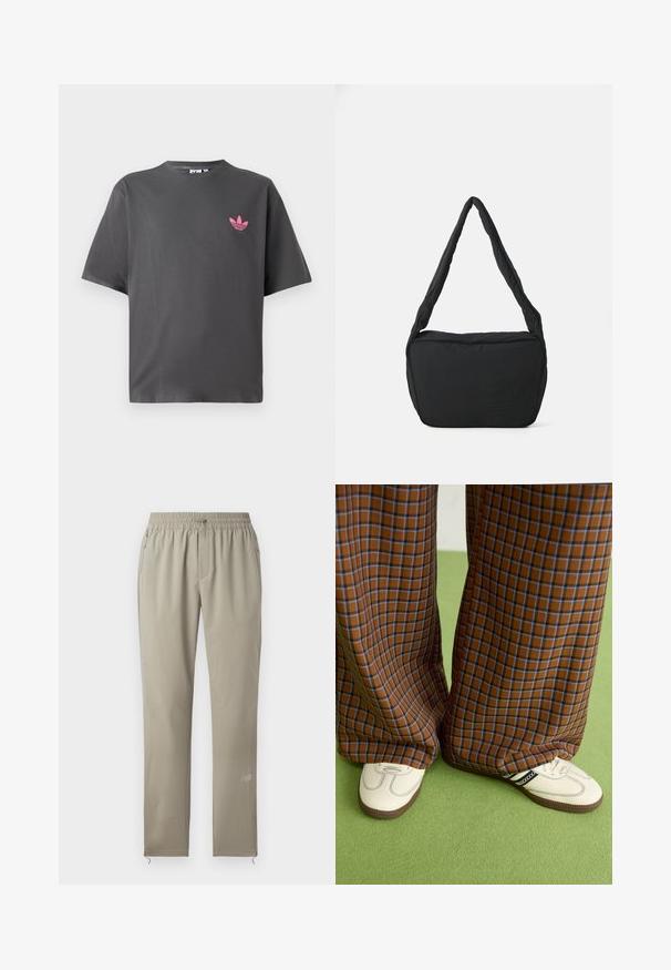 Tmavě šedé tričko s krátkým rukávem a malým růžovým logem Adidas trefoil na levé hrudi, vystavené na bílém pozadí.; Béžové sportovní kalhoty s elastickým pasem, zipovými kapsami a zúženým střihem. Obsahují jemné logo na dolní části nohavice.; Hnědo-modré kostkované široké kalhoty doplněné bílými botami s černými akcenty a texturovanou podrážkou, umístěné na zeleném pozadí.; Černá ramenní taška s polstrovanou texturou, zaobleným tvarem a širokým popruhem, na jejíž přední straně je vyražené logo.