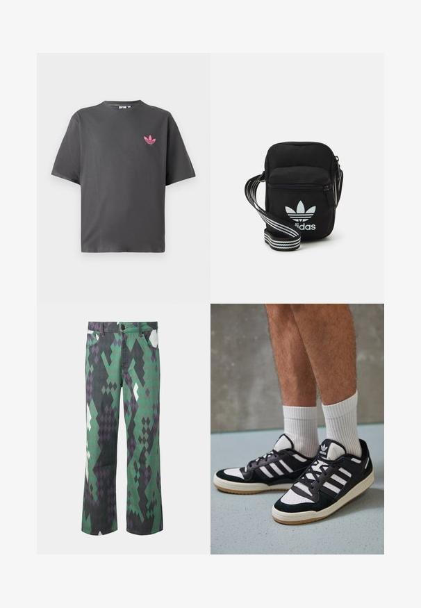 Ciemnoszara koszulka z krótkim rękawem z małym różowym logo trefoil Adidas na lewej piersi, zaprezentowana na białym tle.; Spodnie dżinsowe o szerokich nogawkach wykonane z bawełny, z geometrycznym wzorem w diamenty w kolorach zielonym, czarnym i purpurowym, z zapięciem na guzik i szlufkami na pasek.; Czarno-białe sneakersy z zamszową i skórzaną cholewką, z trzema białymi paskami, perforowanym czubkiem i gumową podeszwą w kolorze gumy.; Czarna torba crossbody wykonana z materiału, z zamknięciem na zamek błyskawiczny, z białym logo Adidas oraz regulowanym paskiem w paski, co ułatwia noszenie.