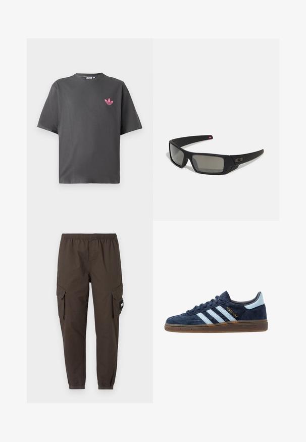 Mørkegrå t-skjorte med korte ermer og en liten rosa Adidas trefoil-logo på venstre bryst, vist mot en hvit bakgrunn.; Cargo bukser i mørkebrunt stof, med elastisk talje, tapered ben og to sidelommer med klapper.; Mørkeblå semsket Adidas-sneakers med lyseblå striper, gummisåle, lyseblå hælklaff og gull "Spezial"-merke på siden.; Sorte solbriller med mat finish, rektangulære linser, lett kurv på brillestengene, diskret logo detaljer, og røyktinted linser.; Svart skulderveske med polstret tekstur, rund form og bred stropp, med et preget logo på forsiden.