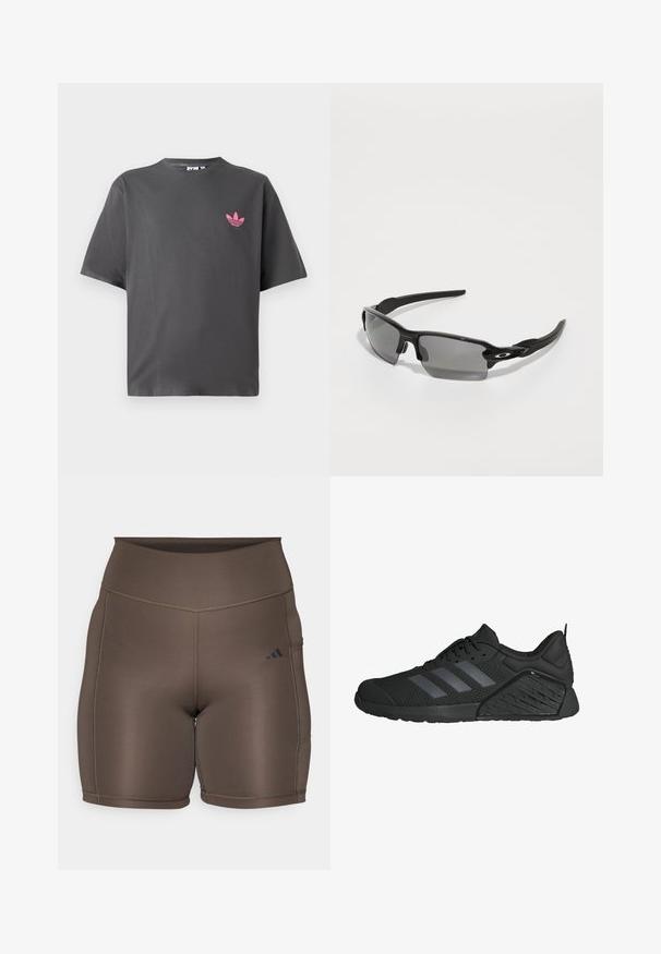 T-shirt cinza escuro de manga curta com um pequeno logotipo trefoil rosa da Adidas no lado esquerdo do peito, exibido contra um fundo branco.; Calções atléticos castanhos com uma textura suave, cintura alta e costuras escuras contrastantes. Apresenta um pequeno logótipo preto do lado esquerdo.; Sapatilhas desportivas pretas com um upper em malha, apresentando três riscas cinzentas, uma entressola texturizada e uma sola em borracha com um padrão único.; Óculos de sol desportivos pretos com lentes cinzentas, um design de armação curva e detalhe de logótipo na lateral. Feitos de material plástico leve.