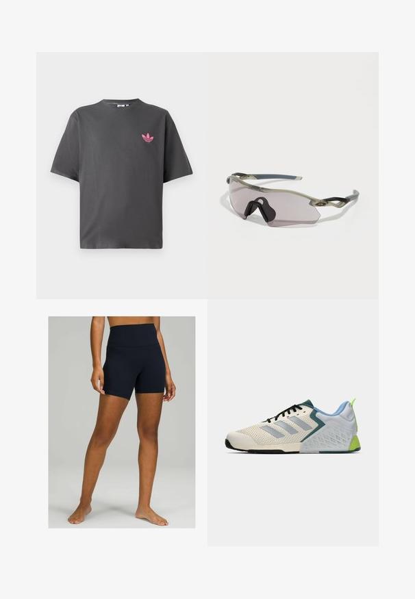 Tumši pelēks īsām piedurknēm T-krekls ar mazu rozā Adidas trefoil logotipu uz kreisā krūšuņa, attēlots uz balta fona.; Melnas augstā jostas vietā izgrieztas šortas, izgatavotas no stieptas auduma, ar gludu tekstūru un pieguļošu dizainu, kas sasniedz vidējā augstumā augšstilbu.; Vieglie sporta apavi ar krēmkrāsas sietu augšdaļu, pelēkām svītrām, zaļu akcentu un teksturētu zilu papēdi. Melni šņorēšanas stieple.; Saulesbrilles ar caurspīdīgu pelēku rāmi, tonētiem objektīviem un leņķainu dizainu. Iezīmējas ar izteiksmīgu deguna daļu un teksturētām tumši pelēkām kājām.