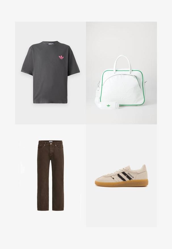 Tamno sivi T-shirt kratkih rukava s malim ružičastim Adidas trefoil logom na lijevoj strani prsnog koša, prikazan na bijeloj pozadini.; Smeđe traperice s ravnim nogavicama, dizajn s pet džepova i metalnim detaljima. Imaju zatvaranje na dugme i oznaku s brendom na pojasu.; Bež antilop tenisice s crnim prugama i tekstom "Spezial", imaju teksturiranu gumu kao potplat i klasičan sustav vezanja.; Bijela kožna torba s zelenim detaljima, koja se ističe istaknutim reljefnim logotipom, dvostrukim ručkama, odvojivim remenom i prednjim džepom na zipper.
