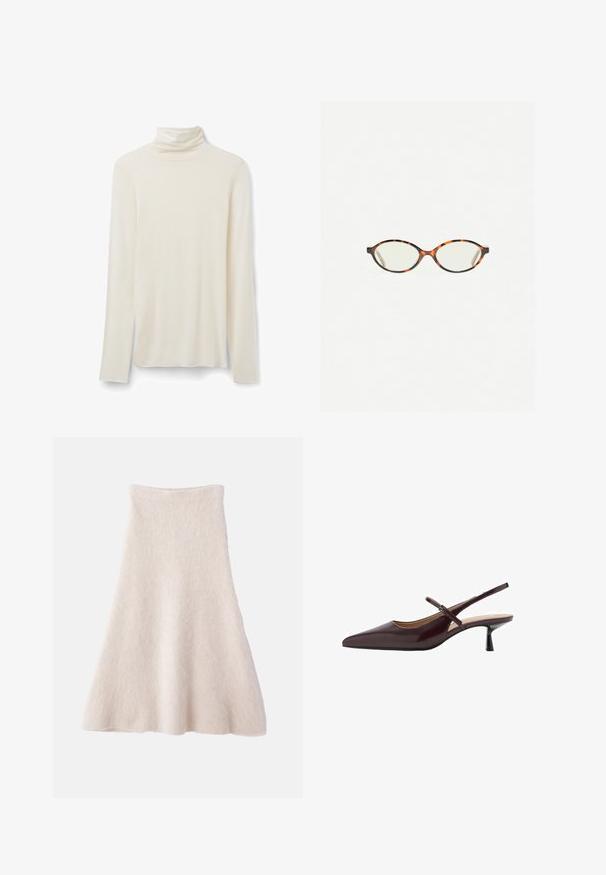 Krémový rolák s dlouhým rukávem vyrobený z měkké látky, s přiléhavým límcem a jednoduchým designem, dlouhými rukávy a rovnými lemy.; Světlé béžové sukně ve tvaru A vyrobená z měkké, texturované látky, má hladký pas a splývavou siluetu.; Burgundské kožené sandály na podpatku s špičatou špičkou, úzkým kotníkovým páskem a designem kitten heel. Hladká textura s lesklým povrchem.; Želvovinové brýle s oválnými čočkami a hladkým, jemným povrchem. Má tenké bočnice s jemným zakřivením v chrámcích. Čiré čočky.