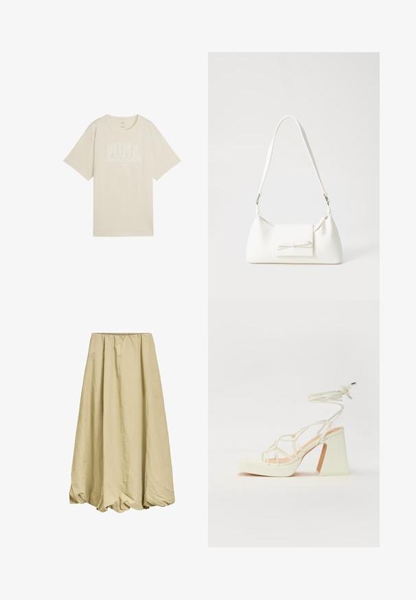 Camiseta de algodón beige con un corte relajado, que presenta un diseño gráfico blanco que dice "club deportivo PUMA" y un pequeño logo arriba.; Object BALLON - Falda de globo - twill; Sandalia de tacón alto blanca con un tacón grueso, que presenta un diseño de tiras y un lazo en el tobillo. Textura suave con una plataforma en la parte delantera para mayor altura.; Bolso sintético blanco con forma triangular, tapa frontal plana y detalle de lazo, correa ajustable, textura suave y diseño minimalista.