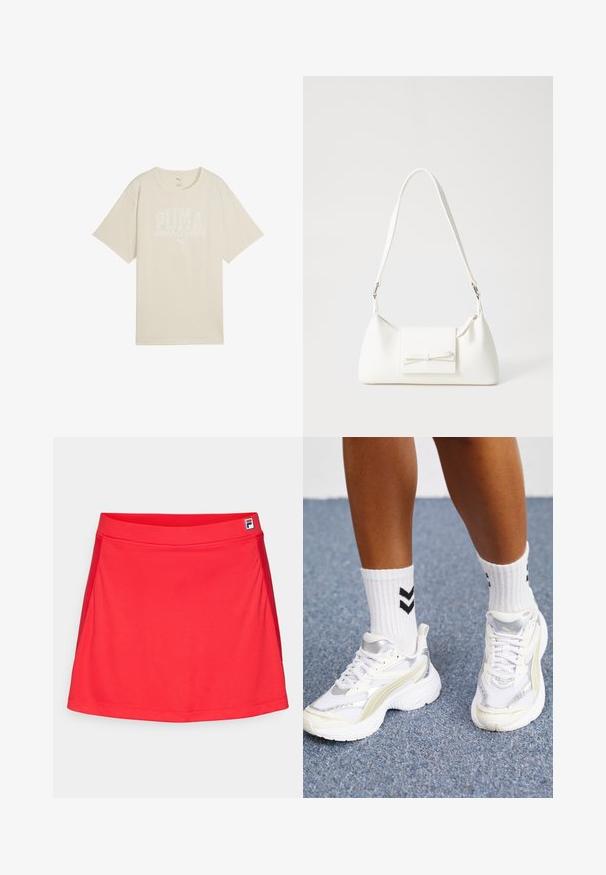 Camiseta de algodón beige con un corte relajado, que presenta un diseño gráfico blanco que dice "club deportivo PUMA" y un pequeño logo arriba.; Falda deportiva roja hecha de una tela suave y elástica. Presenta una cintura ajustada y costuras laterales, con un pequeño logo en la cintura.; Zapatillas blancas con acentos plateados, fabricadas en material de malla, y un diseño voluminoso. Combinadas con calcetines blancos que presentan patrones de chevron en negro.; Bolso sintético blanco con forma triangular, tapa frontal plana y detalle de lazo, correa ajustable, textura suave y diseño minimalista.