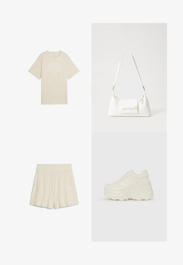 Béžové bavlněné tričko s volným střihem, které má bílý grafický design s nápisem "PUMA sports club" a malým logem nahoře.; Béžové žebrované sportovní šortky s širokým pasem a malým bílým logem na přední levé straně, s volnějším střihem.; Bílé platformové tenisky s hladkým svrškem podobným kůži, zaobleným tvarem, polstrovaným límcem a texturovanou gumovou podrážkou s vyznačenými vzory.; Bílá syntetická kabelka v trojúhelníkovém tvaru, s plochým předním klopným víkem a detailem mašle, nastavitelným popruhem, hladkým povrchem a minimalistickým designem.
