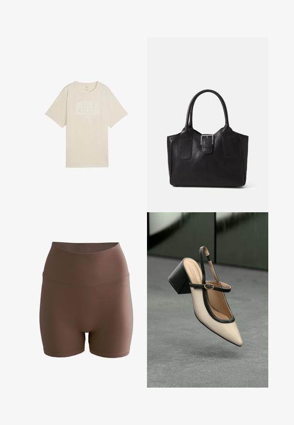 Beige bomulds t-shirt med en afslappet pasform, der har et hvidt grafisk design med teksten "PUMA sports club" og et lille logo ovenfor.; aim’n® SHAPE SEAMLESS - Shorts - brown; Beige høje hæle slingback-sko med spids tå, sort kant og spænde detalje. Glat materiale med mat finish, mellemstor blokhæl.; Sort læder tote taske med glat tekstur, struktureret form, to håndtag og en fremtrædende sølvspænde detalje på forsiden.