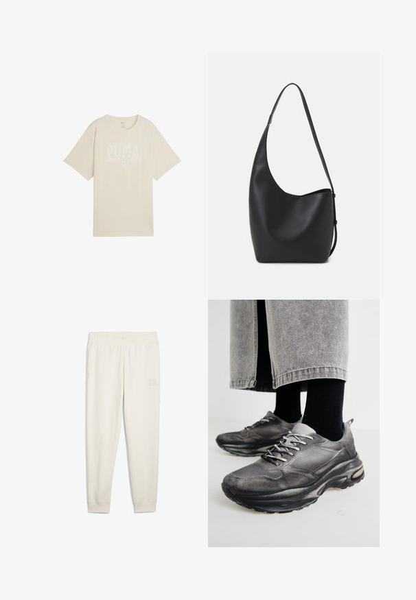 Beżowa bawełniana koszulka o luźnym kroju, z białym nadrukiem, na którym widnieje napis "PUMA sports club" oraz małe logo powyżej.; Kremowe dresy wykonane z miękkiego materiału, z elastycznym pasem, bocznymi kieszeniami oraz małą łatą z logo na lewym udzie.; Czarno-szare buty sportowe mają siatkową cholewkę, grube podeszwy i sznurowadła. Mają zaokrąglony nosek i widoczną poduszkę amortyzującą.; Czarna skórzana torba hobo o gładkiej fakturze, zaokrąglonym kształcie i pojedynczym, regulowanym pasku; posiada szerokie otwarcie na górze.