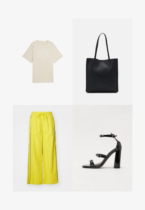 Béžové bavlněné tričko s volným střihem, které má bílý grafický design s nápisem "PUMA sports club" a malým logem nahoře.; Žluté volné kalhoty vyrobené z lehkého materiálu, s elastickým pasem na šňůrku, bočními pruhy a jemným logem.; Černé lakované sandály na podpatku se čtveratou špičkou, lýtkovými pásky a stříbrnými přezkami. Disponují masivním blokovým podpatkem pro stabilitu.; Černá kožená taška přes rameno s hladkým povrchem, obdélníkovým tvarem a dvěma dlouhými uchy. Žádné viditelné kování ani ozdoby.