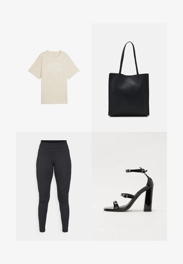 Vaaleanbeige puuvillapaita rentoa istuvuutta, jossa on valkoinen graafinen printti, jossa lukee "PUMA sports club" ja pieni logo ylhäällä.; Musta legginsit venyvästä kankaasta, joissa on korkea vyötärö, tiukka muoto ja sileä rakenne ilman näkyviä kuvioita tai koristeita.; Musta kiiltävä korkokenkä sandaalit neliönmuotoisella varpaalla, nilkkaremmillä ja hopeisilla soljilla. Varustettu tukevalla lohkokorkealla vakauden takaamiseksi.; Mustapahkainen kangaskassi, jossa on sileä pinta, suorakaiteen muotoinen ja kaksi pitkää kahvaa. Ei näkyvää metalliosaa tai koristeita.