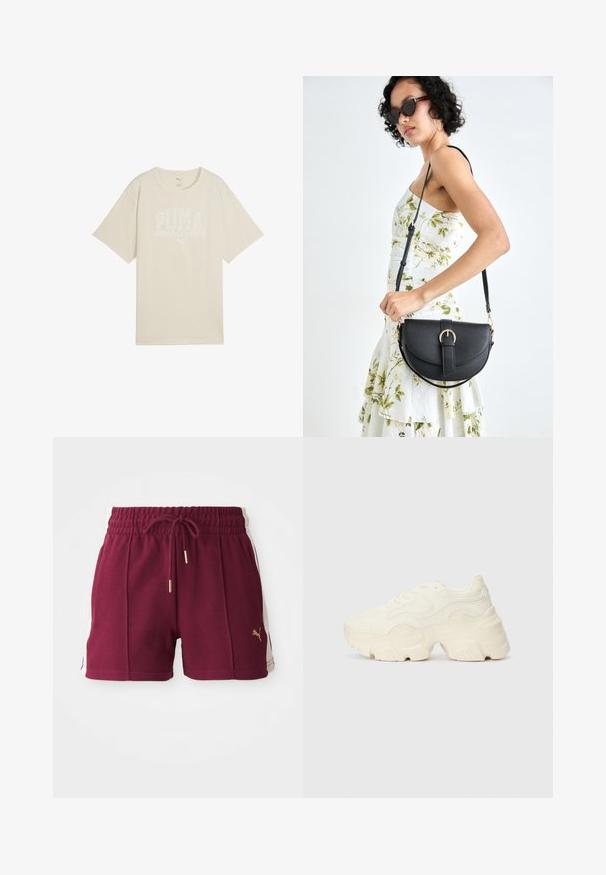 Béžové bavlněné tričko s volným střihem, které má bílý grafický design s nápisem "PUMA sports club" a malým logem nahoře.; Bordové sportovní šortky z texturovaného materiálu, s elastickým pasem, šňůrkou na stažení a krémovými bočními panely s detailním zlatým logem.; Chunky bílé tenisky vyrobené z texturované síťoviny a syntetických materiálů, s tlustou podrážkou a složitými vzorovými detaily podél stran.; Černá kožená kabelka s křivkovým tvarem, odnímatelným popruhem a zlatými detaily. Kabelka má klopu s přezkou.