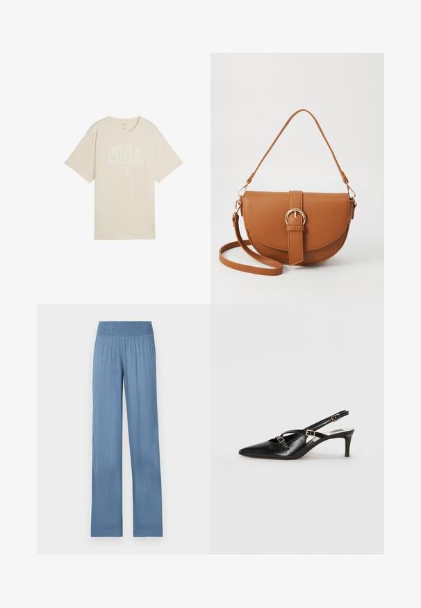 Béžové bavlněné tričko s volným střihem, které má bílý grafický design s nápisem "PUMA sports club" a malým logem nahoře.; Světle modré kalhoty s širokými nohavicemi a smockovaným pasem, vyrobené z texturované tkaniny, s rovnými nohavicemi a plnou délkou.; Černá kožená slingback bota s špičatou špičkou, tenkými popruhy a kovovými přezkami, na 6 cm zúženém podpatku. Hladký povrch.; Hnědá kožená křížová taška s zakřiveným tvarem, zlatými detaily a akcentem s přezkou. Obsahuje odnímatelný popruh na rameno.