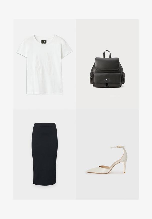 Vit bomull t-shirt med korta ärmar, med en upphöjd logotyp "AX" på framsidan och texten "ARMANI EXCHANGE" nedanför i en subtil design.; Armani Exchange GONNA - Pennkjol - black; Vit läderhögklackad sko med spetsig tå, ankelrem och en smal stilettklack. Slät textur med diskret glänsande finish.; Svart läderryggsäck med lockstängning, framficka, sidofickor med dragkedja och ett handtag på toppen. Har logotypdetaljer på framsidan.