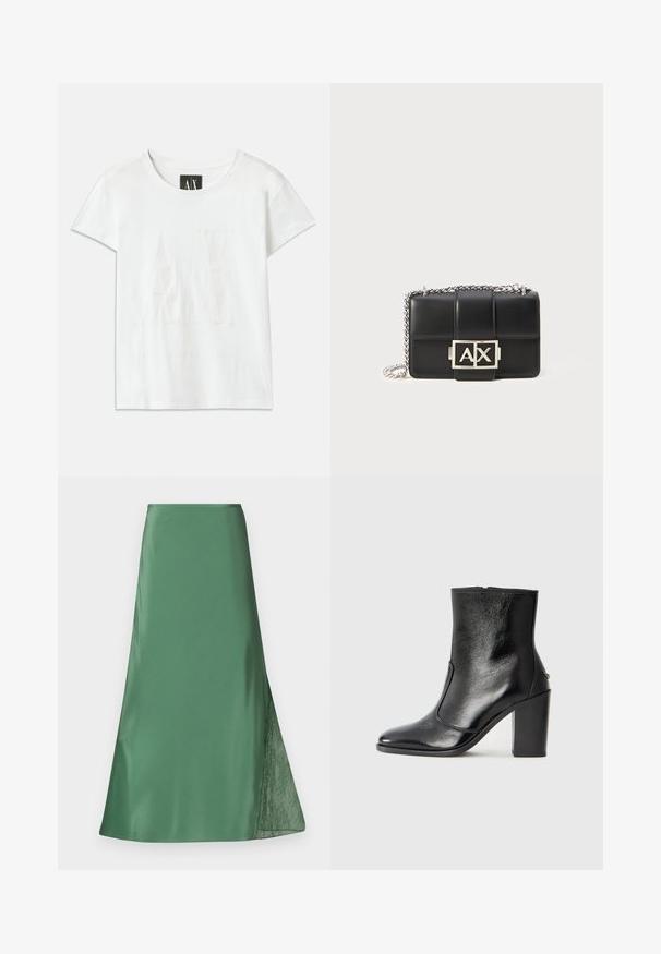 Witte katoenen t-shirt met korte mouwen, met een reliëflogo "AX" op de voorkant en de tekst "ARMANI EXCHANGE" eronder in een subtiel ontwerp.; Groene satijnen rok met een vloeiende A-lijn silhouet, voorzien van een sheer kantdetail aan één kant voor extra textuur en contrast.; Zwarte leren enkelboot met een gladde textuur, spitse neus en een gedurfde hoge hak. Beschikt over een zijopening en een minimalistisch ontwerp.; Zwarte leren handtas met een quilted ontwerp, zilveren kettinghengsel en een opvallend zilveren "AX" logo aan de voorkant. Compacte rechthoekige vorm.