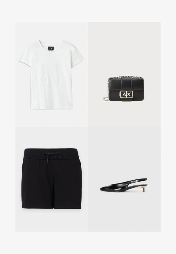 White cotton t-shirt with short sleeves, featuring a raised logo "AX" on the front and "ARMANI EXCHANGE" text below in a subtle design.; Black cotton shorts with an elastic waistband and drawstring. Features a clean, simple design and a smooth texture.; Black slingback pump with a pointed toe, glossy leather finish, and a small heel with a gold accent. Sleek design with a open back.; Black leather handbag with quilted design, silver chain strap, and a prominent silver "AX" logo on the front. Compact rectangular shape.