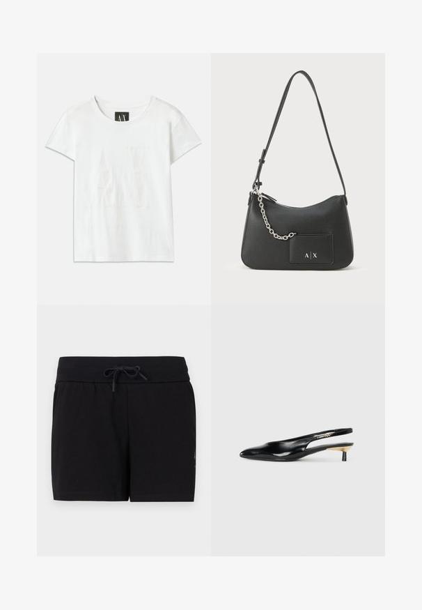 Bílá bavlněná tričko s krátkým rukávem, s vyvýšeným logem "AX" vpředu a textem "ARMANI EXCHANGE" níže v decentním designu.; Černé bavlněné šortky s elastickým pasem a stahovací šňůrkou. Vyznačují se čistým, jednoduchým designem a hladkou texturou.; Černé slingback lodičky s špičatou špičkou, lesklým koženým povrchem a malým podpatkem se zlatým akcentem. Elegantní design s otevřenou zadní částí.; Černá kožená kabelka přes rameno s texturovaným povrchem, zipovým uzávěrem a stříbrným řetízkovým detailem. Obsahuje přední kapsu s logem.